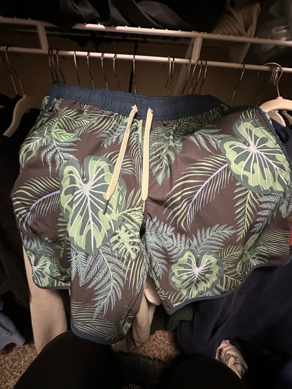Fair Harbor Men's Navy Swim Shorts with Green Tropical Leaf Print